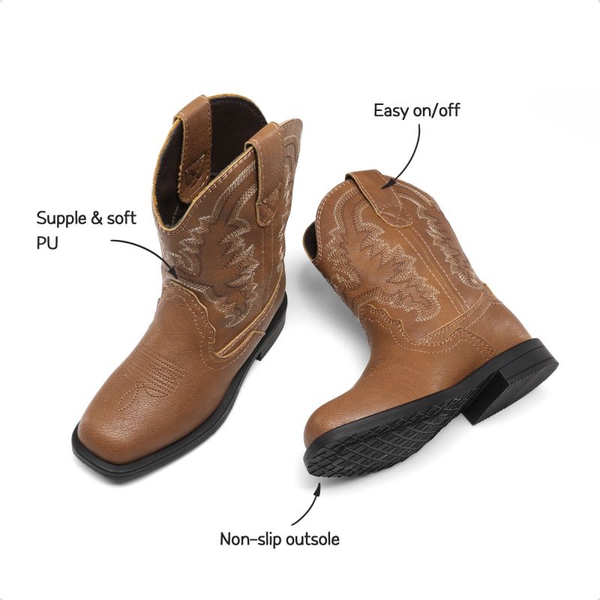 Kids Square-Toe Western Cowboy Boots - BROWN - 4